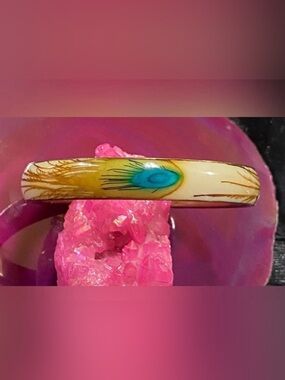 Vintage Peacock Feathers Enamel Brass Bangle Bracelet  #9267